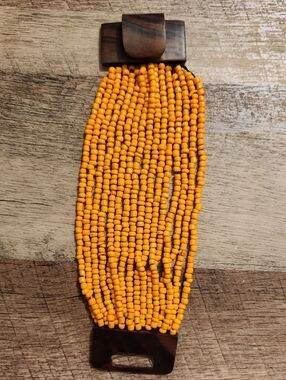 Yellow Beaded Multi-Strand Bracelet Wirh Wooden Latch